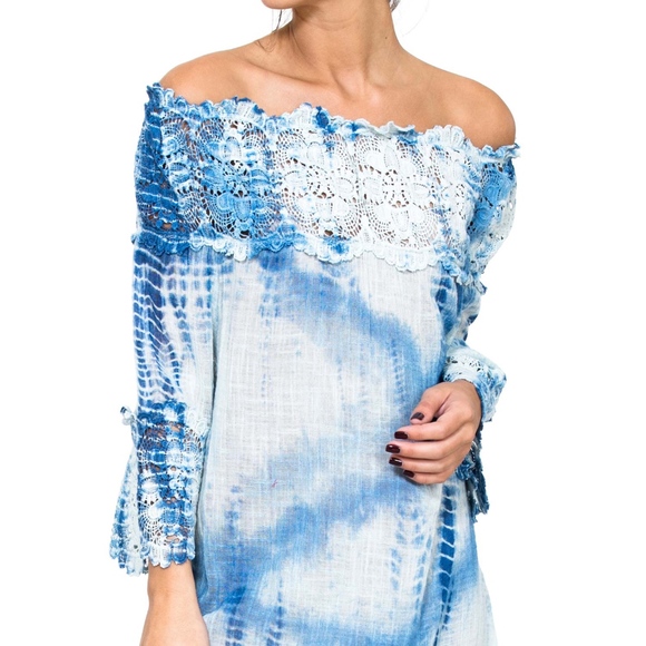 Last 1! NWT Off the Shoulder Crochet Trim Tie Dye Dress - Picture 6 of 7